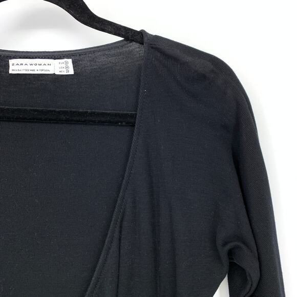 Zara Woman Faux Wrap Front Sweater Womens Sz M Short Sleeve Black White Stripe - Picture 3 of 5